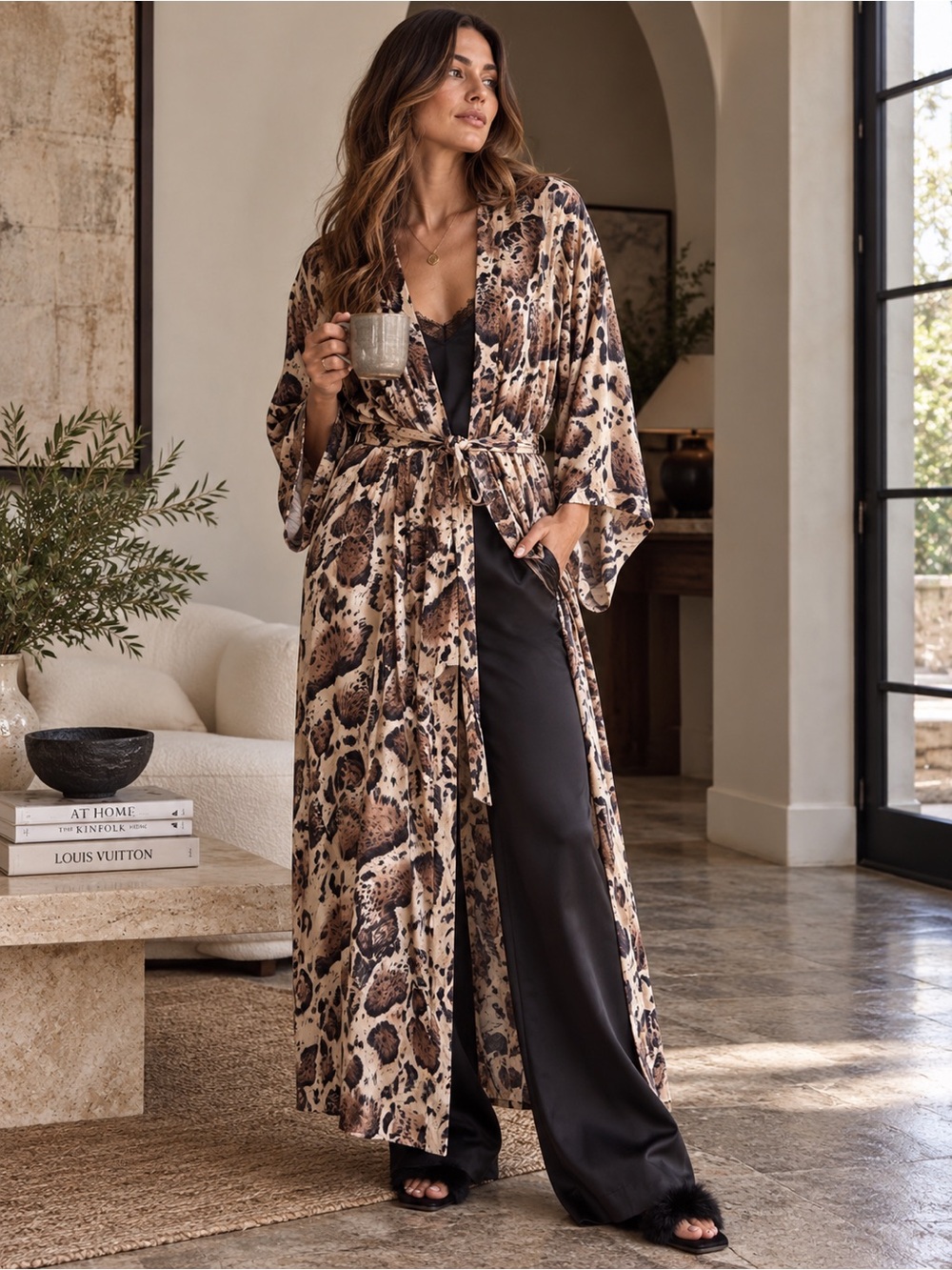 Vintage Under Construction 90s Rayon Animal Print Kimono Robe Duster Medium
